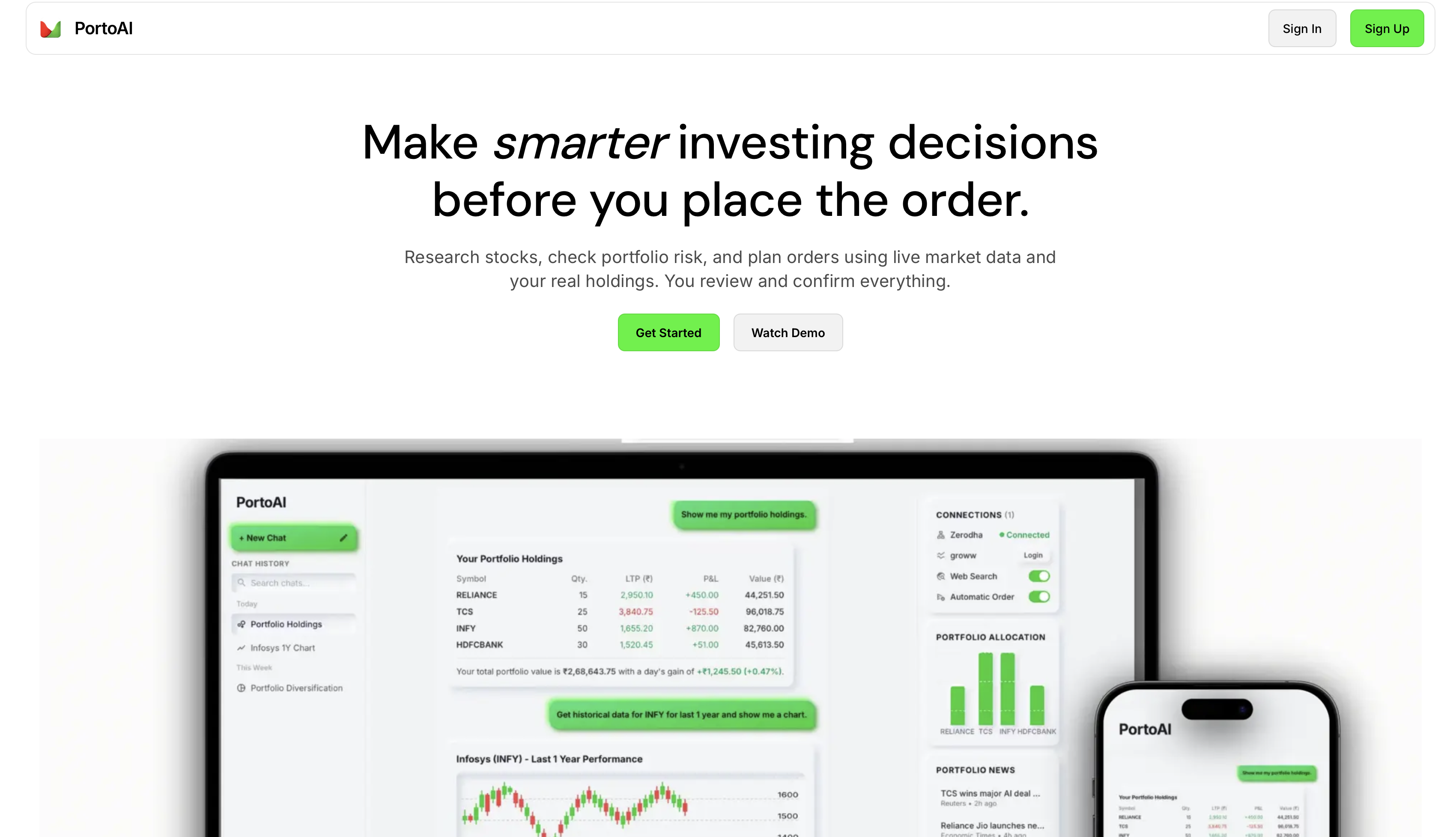 PortoAI interface preview showing portfolio holdings, charts, and AI chat