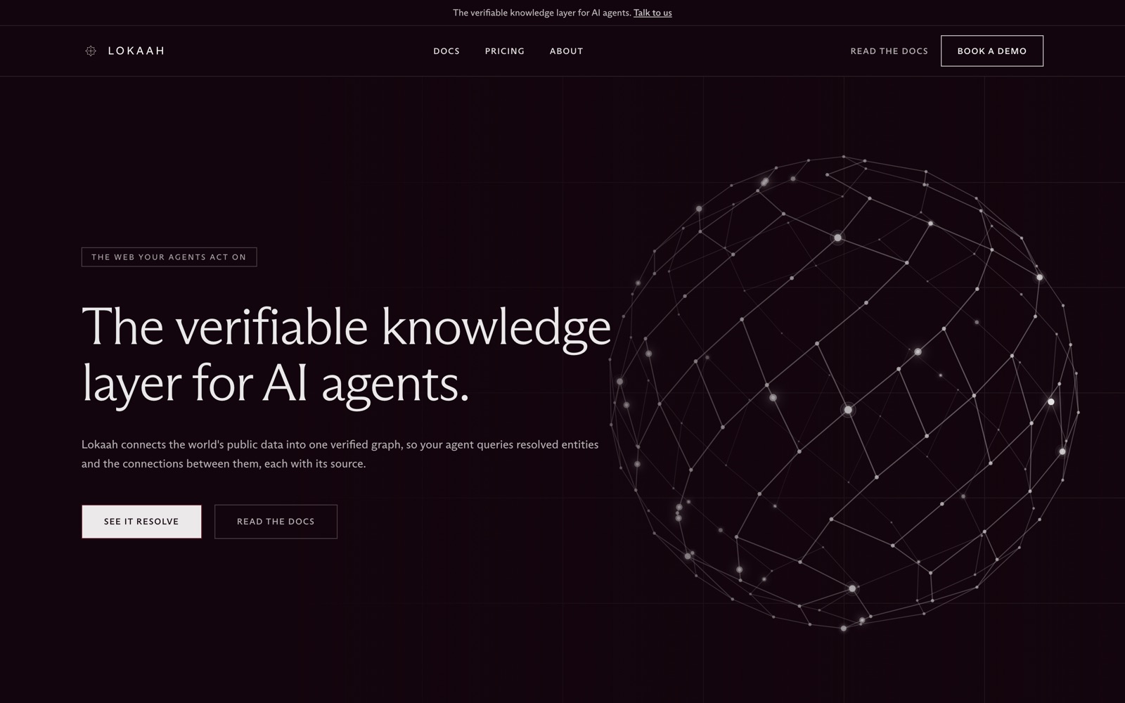 Lokaah homepage, the verifiable knowledge layer for AI agents