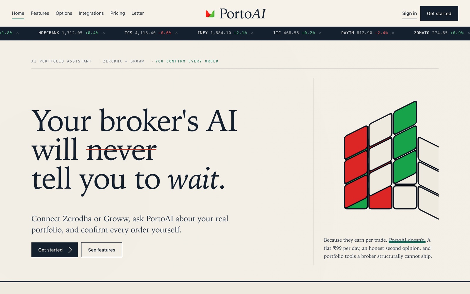 PortoAI homepage, AI for money decisions connected to your live brokerage